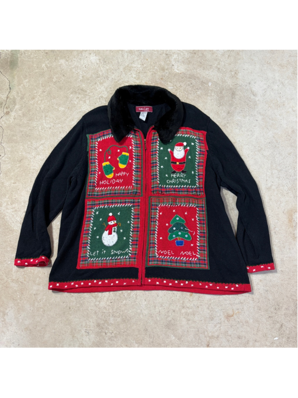 Vintage Christmas Cardigan Sweater Women’s 1XL Black Red Faux Fur Zip Up Santa